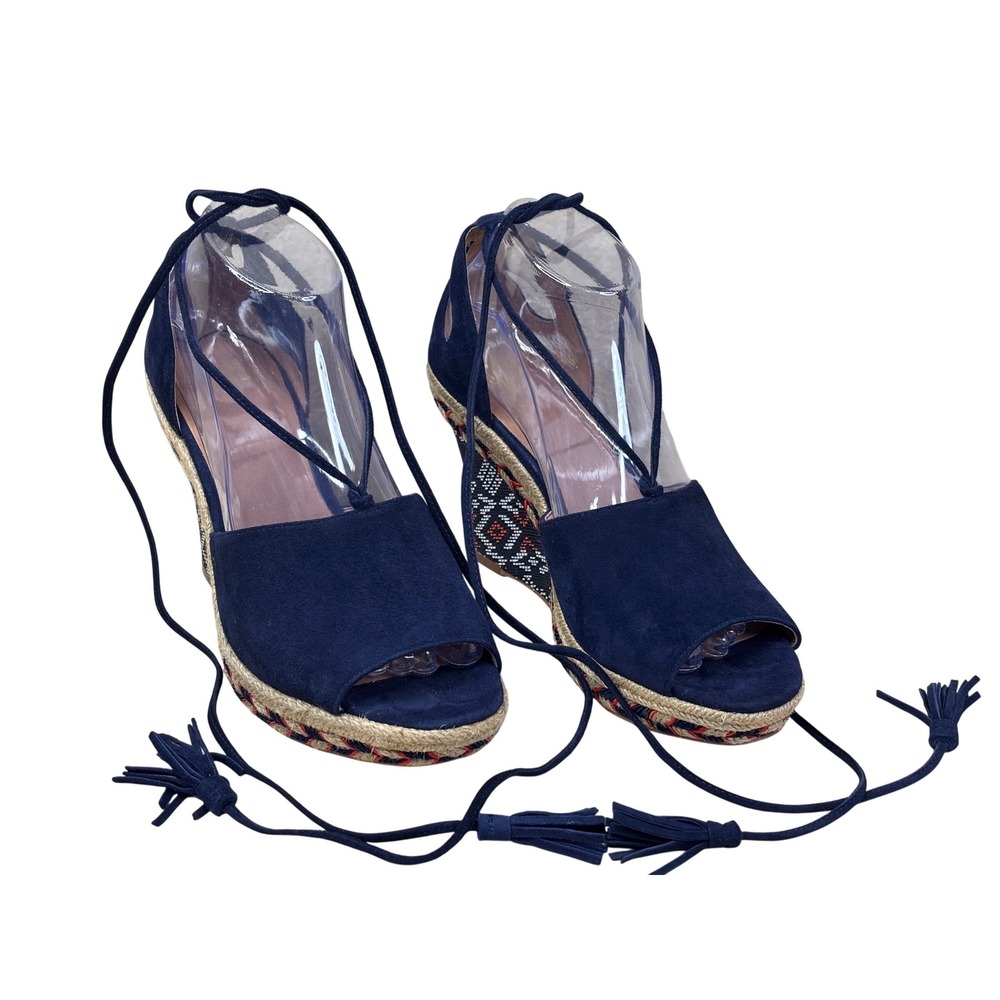 CAbi Navy Suede Espadrille Wedge Sandals with Tassel Wraps
